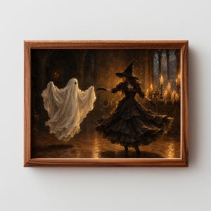 Ghost and witch dancing printable art for bedroom — vintage gothic Halloween wall poster with candlelit ballroom aesthetic