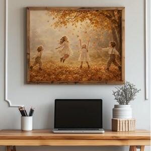 Kids dancing with leaves beneath old maple tree artwork print — soft brushwork seasonal scene with cozy farmhouse character