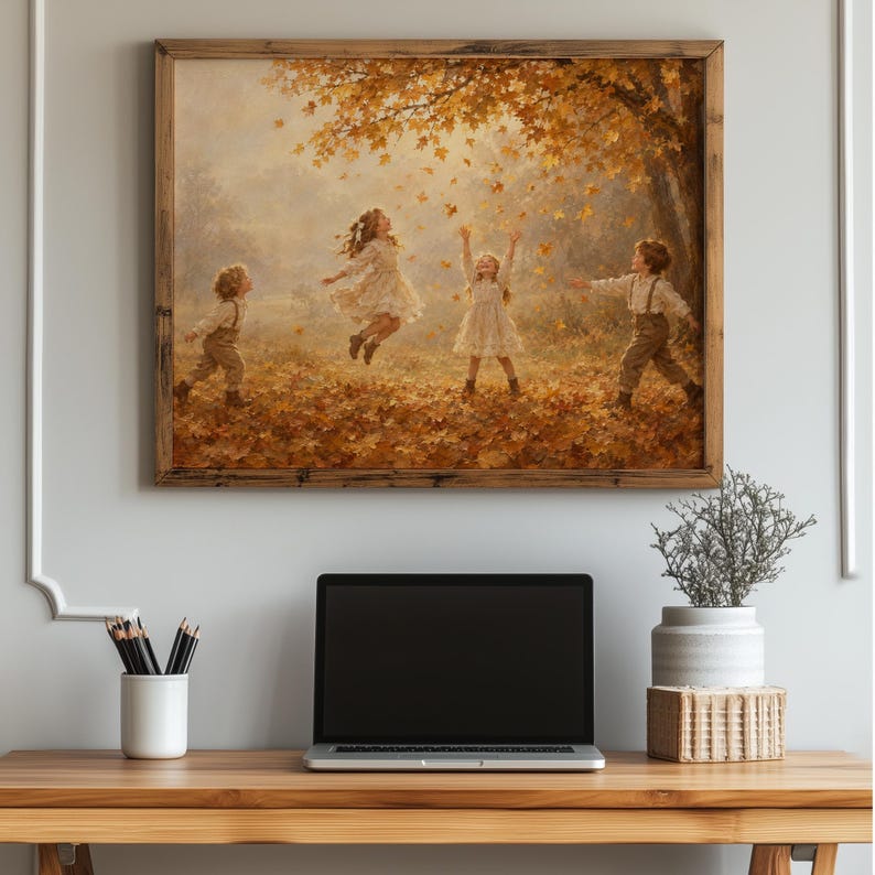 Kids dancing with leaves beneath old maple tree artwork print — soft brushwork seasonal scene with cozy farmhouse character