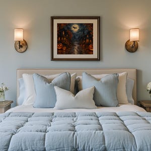 Dark cottagecore poster wall art for study — glowing house windows and jack-o'-lanterns against moody starlit autumn sky