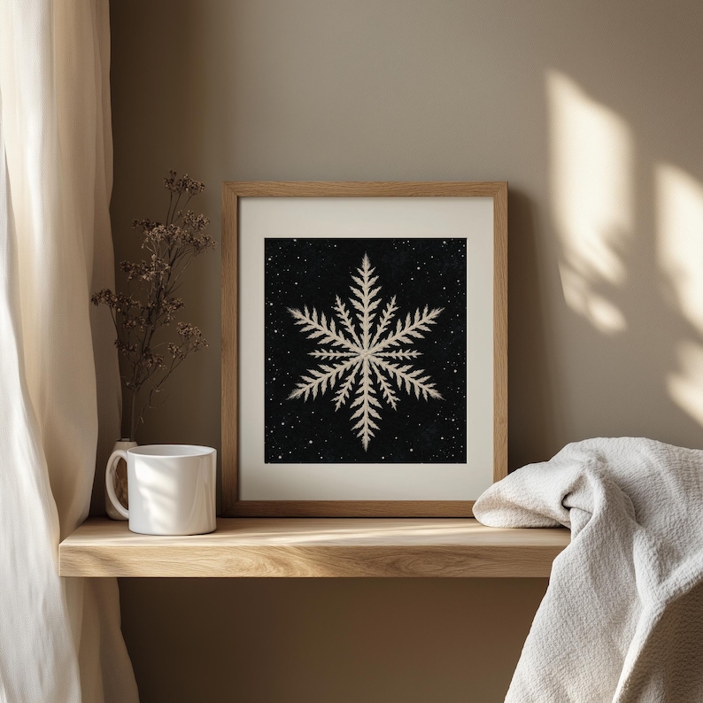 Minimalist winter crystal poster for entryway — cream and charcoal elegant design with vintage nature study feel