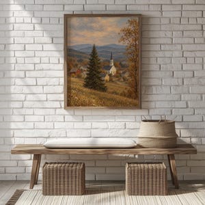 Rural village church digital print for farmhouse décor — cozy early evening pastoral scene