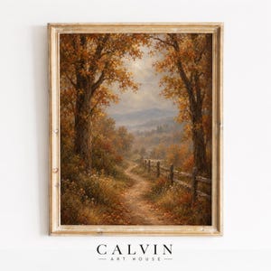 Scenic dirt road artwork with autumn trees — instant download print for cottagecore home decor