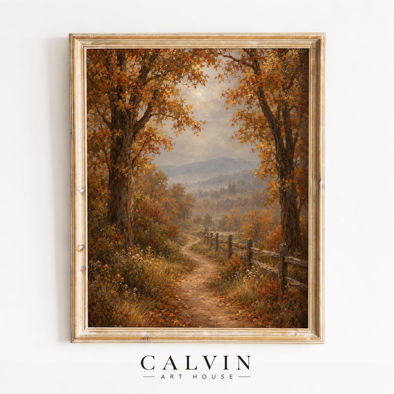 Scenic dirt road artwork with autumn trees — instant download print for cottagecore home decor