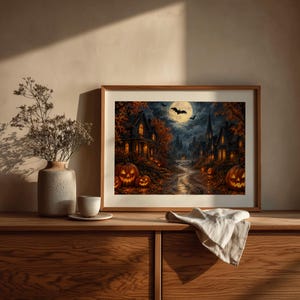 Spooky nocturnal village artwork instant download — richly-textured scene featuring bats, full moon, and warmly-glowing pumpkin lanterns