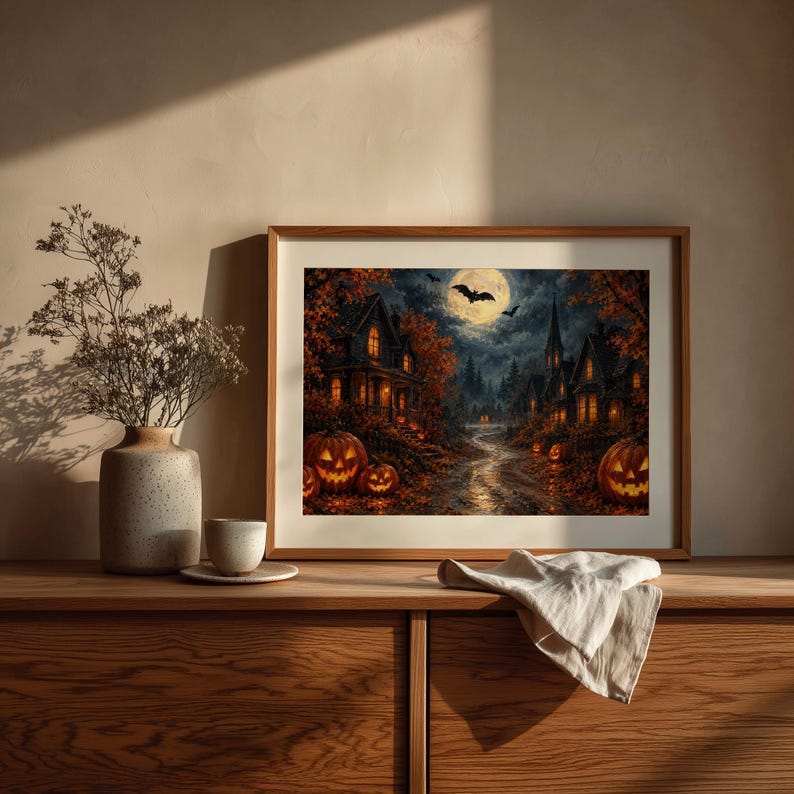 Spooky nocturnal village artwork instant download — richly-textured scene featuring bats, full moon, and warmly-glowing pumpkin lanterns