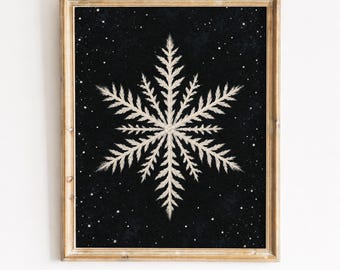 Vintage Snowflake Print, Moody Winter Night Sky Wall Art (Digital Download)