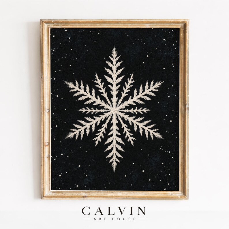 Antique-style snowflake picture instant download — elegant winter artwork with feathery branches and celestial speckles