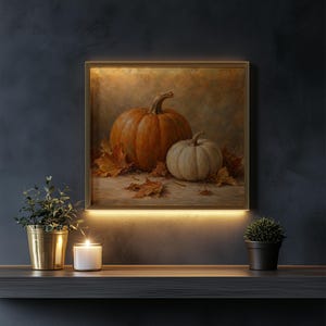 Seasonal fall wall print for kitchen — traditional squash arrangement with scattered amber foliage and warmth