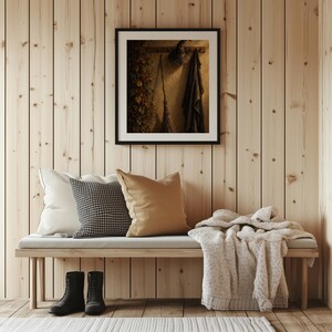 Gothic witch costume poster for entryway — painterly Halloween artwork with rich warm tones