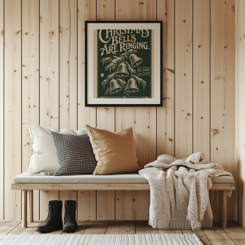 Festive vintage bells poster for bedroom — nostalgic reproduction art with hand-drawn botanical pine branch
