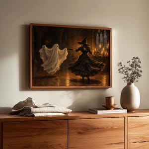 Spirit and sorceress in ruffled costume digital print for entryway — moody vintage picture with stone arches, candles, and elegant dark romance aesthetic