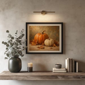 Farmhouse pumpkin painting wall art — cozy seasonal poster with golden maple foliage and warm tones