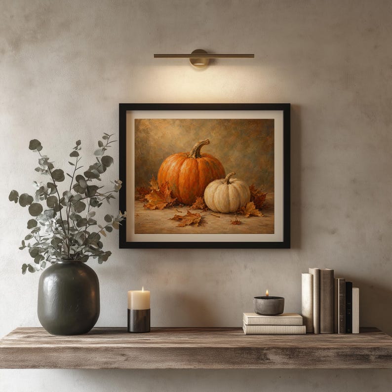 Farmhouse pumpkin painting wall art — cozy seasonal poster with golden maple foliage and warm tones