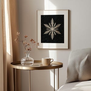 Botanical frost illustration printable wall art — delicate crystalline pattern on moody black canvas with stars