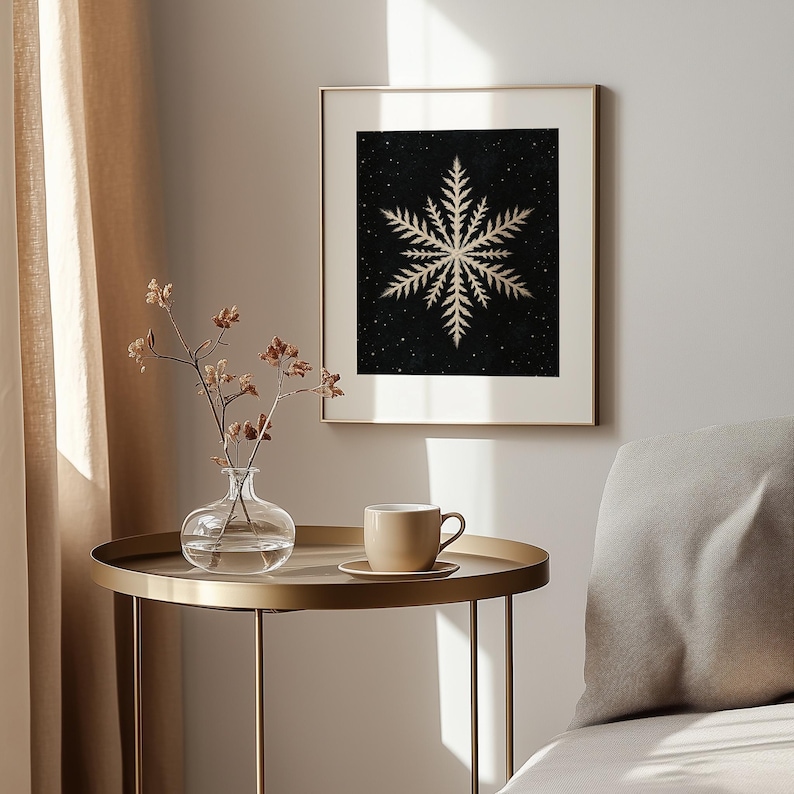 Botanical frost illustration printable wall art — delicate crystalline pattern on moody black canvas with stars
