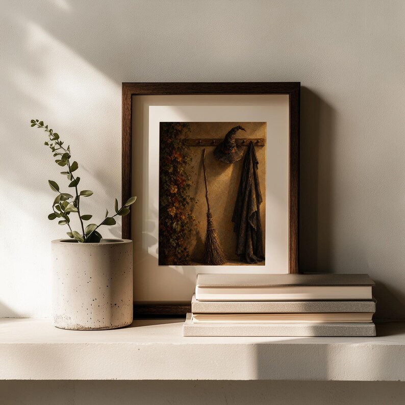 Atmospheric autumn artwork featuring magical wardrobe — refined shadowy tones and ivy accents