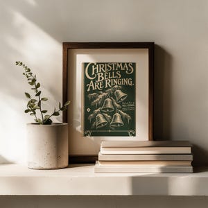 Nostalgic Christmas bells artwork printable — vintage style with frost accents, ornamental edges, and cozy farmhouse appeal