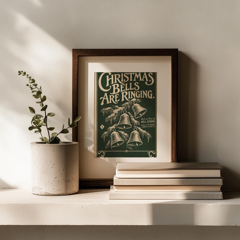Nostalgic Christmas bells artwork printable — vintage style with frost accents, ornamental edges, and cozy farmhouse appeal