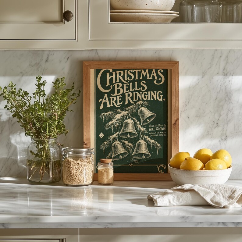 Classic bells sheet music digital wall art for home — vintage farmhouse style with cream highlights and icicle motifs