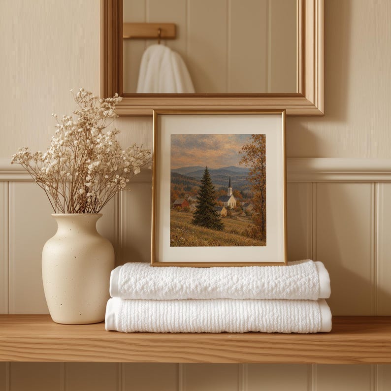 Vintage farmland picture downloadable art for gallery wall — warm evening glow countryside scene