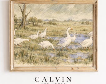 Vintage Geese Watercolor Painting, Rustic Farmhouse Animal Art Printable Wall Art (Digital Download)