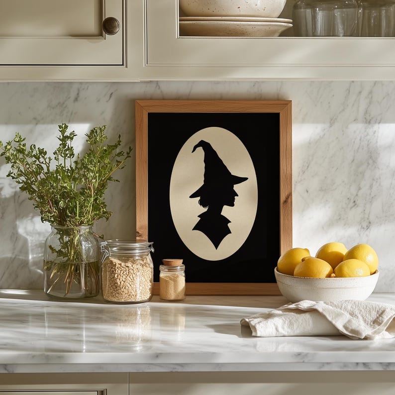 Spooky season wall décor featuring witch portrait — flat black silhouette cameo artwork for autumn home styling