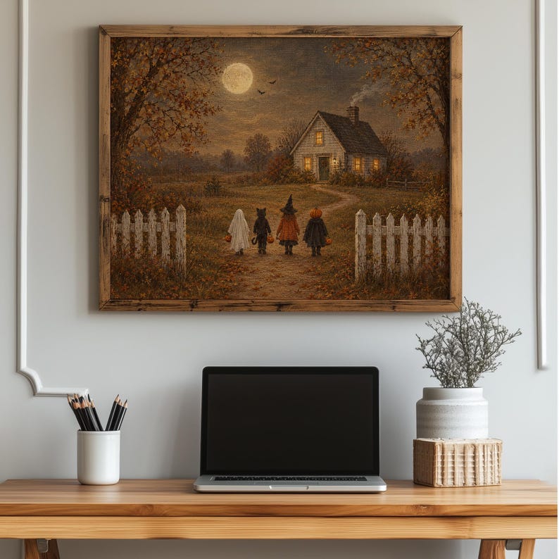 Vintage farmhouse cottage scene with costumed kids instant download print — atmospheric autumn evening painting
