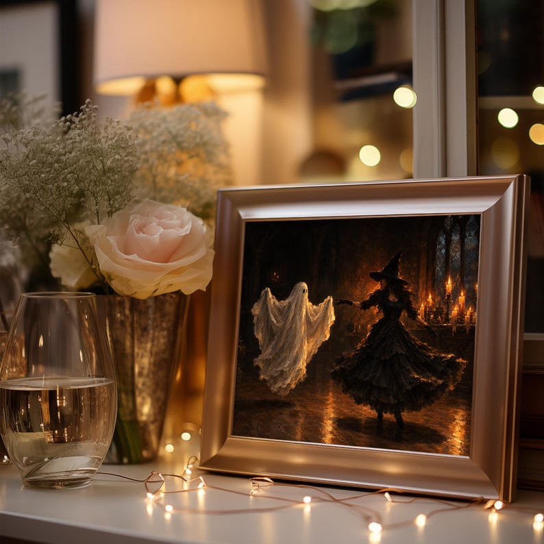 Spectral figure waltzing with sorceress digital print for hallway — moody dark academia artwork featuring ornate candelabras and stone arches