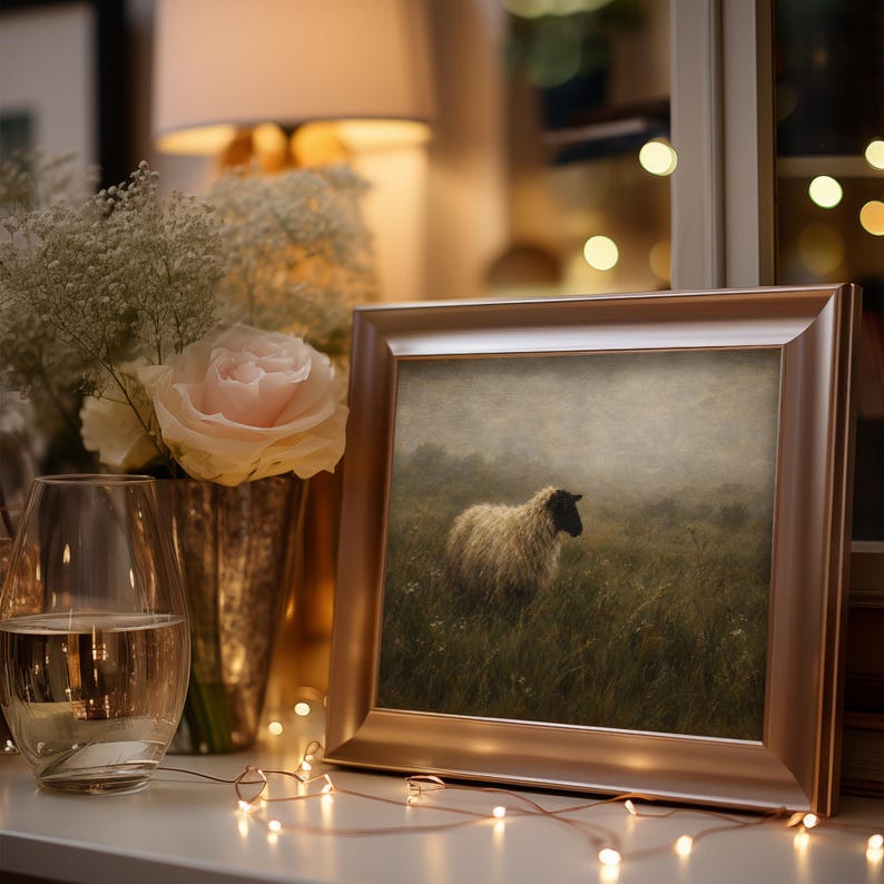 Grazing woolly creature artwork — vintage farmhouse print with peaceful meadow and muted colors