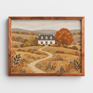 Peaceful countryside dwelling poster for family room — textured cottage scene with muted earthy color scheme