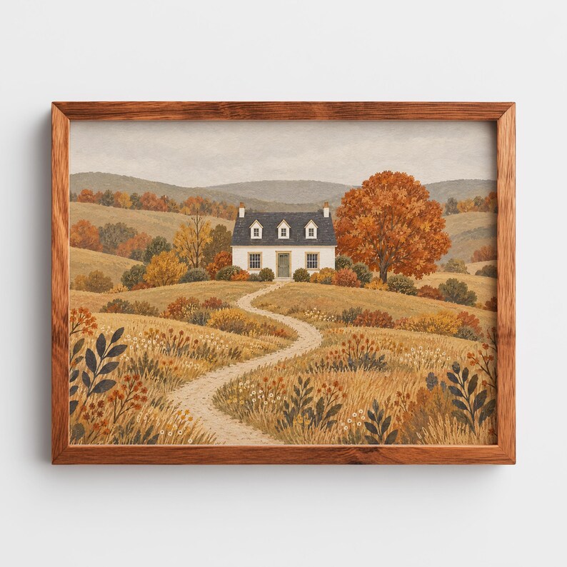 Peaceful countryside dwelling poster for family room — textured cottage scene with muted earthy color scheme