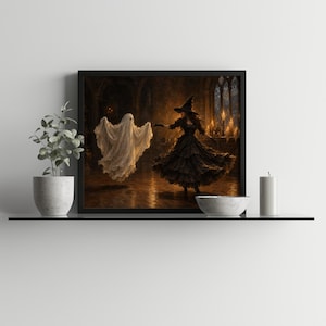 Phantom waltzing with pointed-hat partner printable artwork for home — spooky dark academia poster featuring warm candlelight and antique painting quality