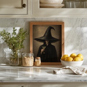 Eerie witch aesthetic poster wall art digital download — vintage portrait with muted Halloween color scheme
