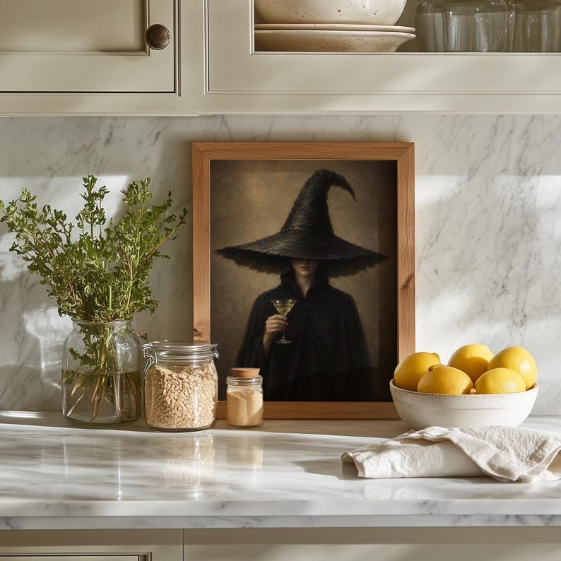 Eerie witch aesthetic poster wall art digital download — vintage portrait with muted Halloween color scheme