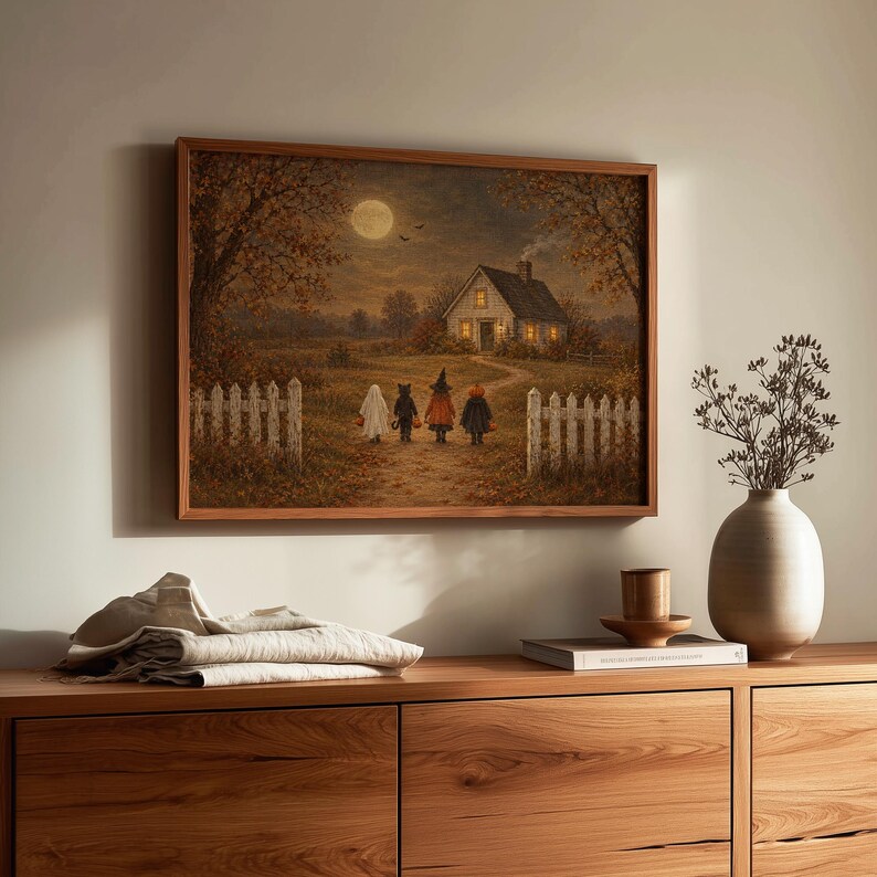 Trick-or-treating children in costumes walking toward glowing farmhouse wall art for autumn living room — vintage spooky-cute aesthetic