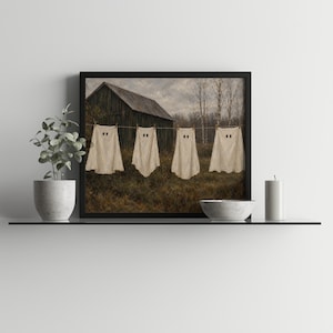 Spectral hanging laundry painting wall art for entryway — vintage haunting farmyard décor with soft earth tones and weathered details