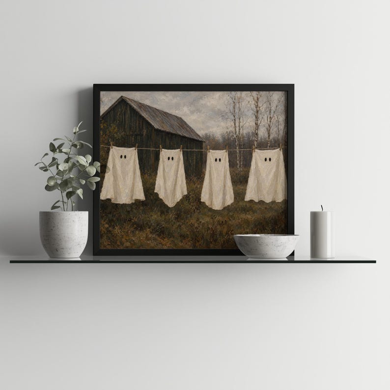 Spectral hanging laundry painting wall art for entryway — vintage haunting farmyard décor with soft earth tones and weathered details