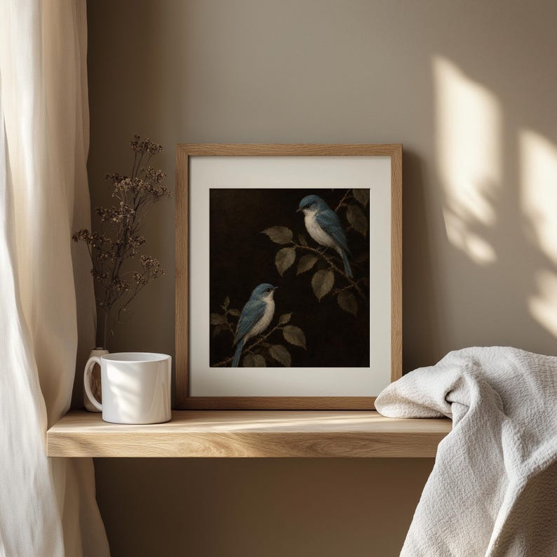 Facing feathered friends digital artwork — dark academia style with naturalist history illustration vibes