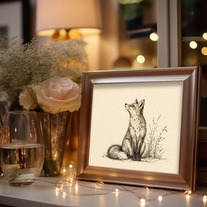 Contemplative fox pen drawing picture — fine linework poster with rustic, timeless appeal for any room