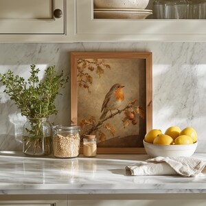 Robin among autumn berries poster art for study — cozy woodland theme with rich texture