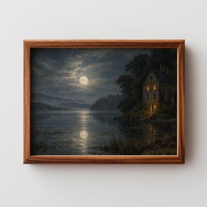 Nocturnal manor beside moonlit water wall decor — brooding landscape with stone architecture and soft ethereal lighting