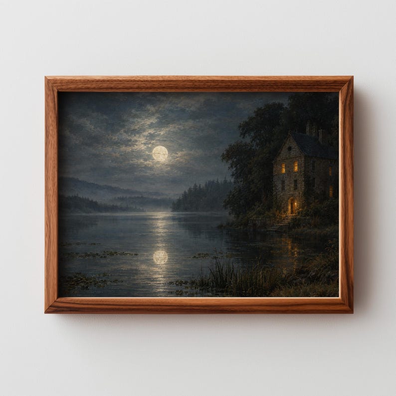 Nocturnal manor beside moonlit water wall decor — brooding landscape with stone architecture and soft ethereal lighting