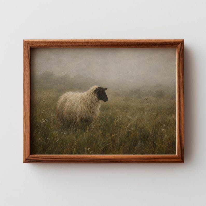 Sheep grazing picture for entryway — pastoral wall art with soft impressionistic brushstrokes