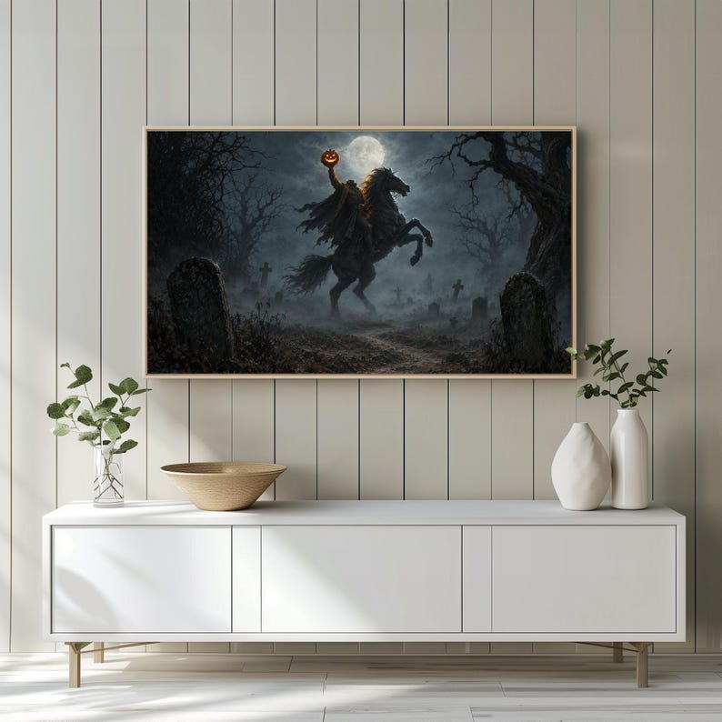 Dark atmospheric TV art for bedroom — ghostly rider through misty graveyard landscape, moody painted style with glowing highlights and weathered grave markers
