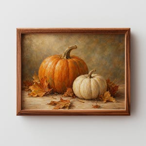 Rustic farmhouse poster wall art — harvest-themed still life with cream pumpkin and bronze leaf details