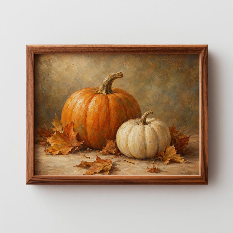Rustic farmhouse poster wall art — harvest-themed still life with cream pumpkin and bronze leaf details