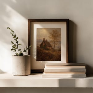 Quaint homestead poster for gallery wall — overgrown shrubs, distant birds, and hazy distant hills