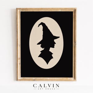 Vintage spell caster cameo poster printable artwork — minimalist portrait silhouette with gothic profile and timeless seasonal appeal