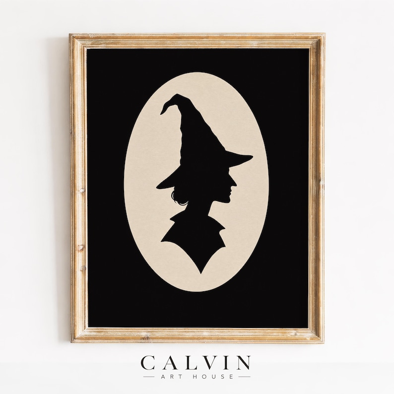 Vintage spell caster cameo poster printable artwork — minimalist portrait silhouette with gothic profile and timeless seasonal appeal